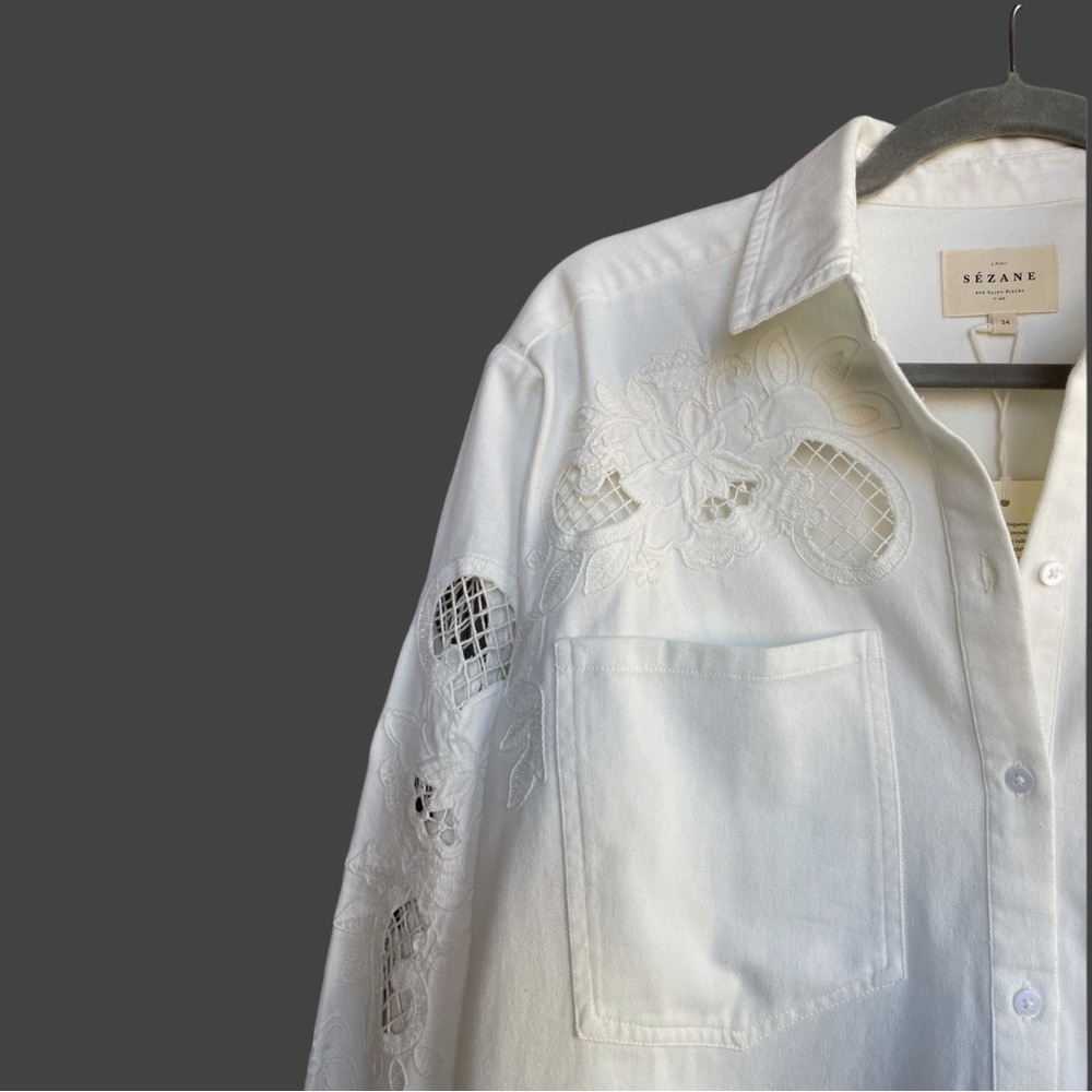 SEZANE NWT Ecru Floral Embroidered Cut Out Oversized Button Down Naora Shirt - Picture 8 of 17